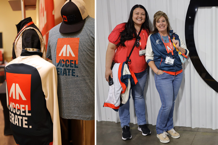 branded merch (left); two women smiling (right)