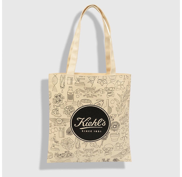 tan recycled tote bag with line illustrations and logo